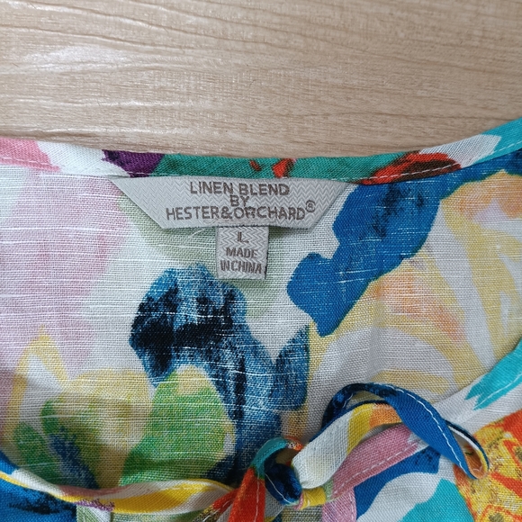Hester & Orchard Sz L Linen Blend Artsy Rainbow Colorful Floral Blouse Top - Picture 3 of 5